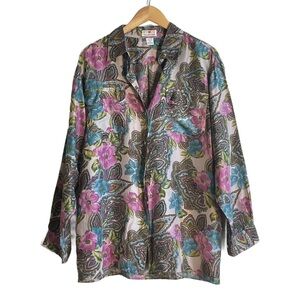 Vintage Stunt Collections Silk Floral Office Siren Blouse Top Sz L Oversized